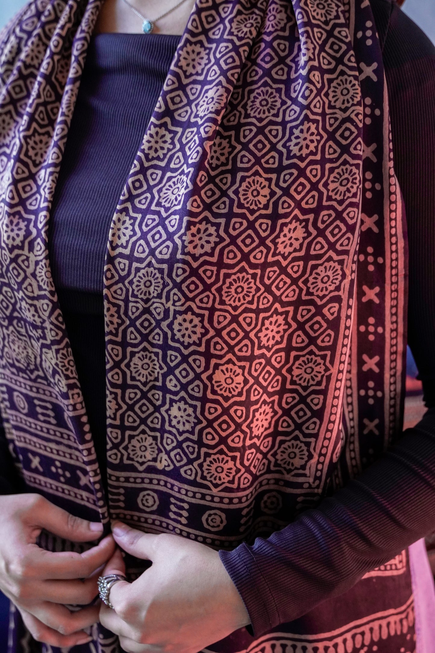 Handcrafted Black Silk Scarf with Block Print & Tassel Accents