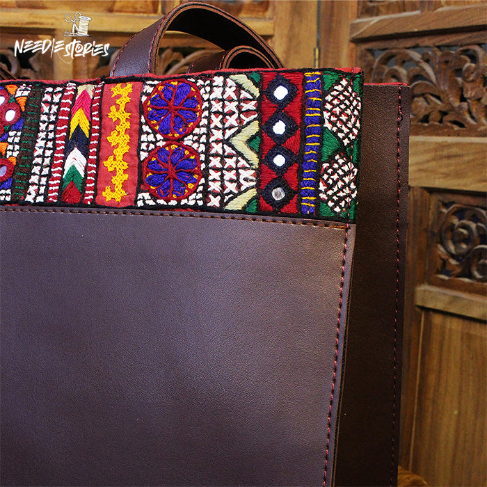 Ethnic Elegance - Maroon Leather Tote Bag