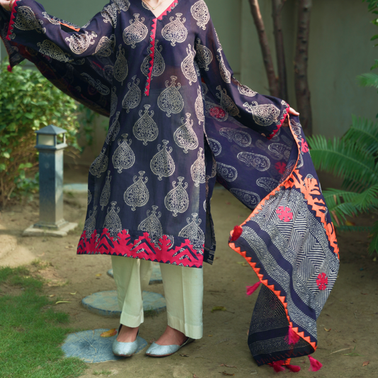 Sindh Serenity – Red Appliqué Ajrak Suit