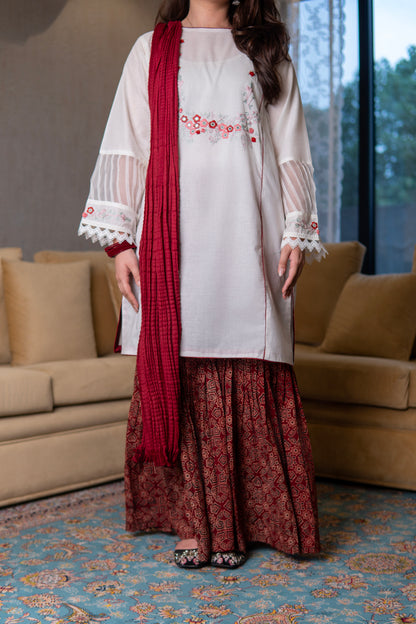 Ivory Hand-Embroidered Shirt with Maroon Ajrak Gharara Set