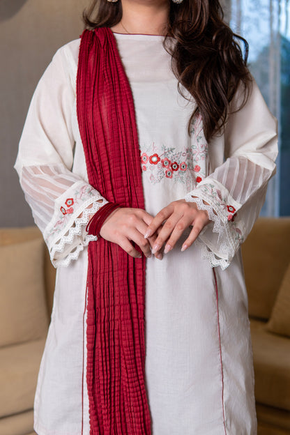 Ivory Hand-Embroidered Shirt with Maroon Ajrak Gharara Set