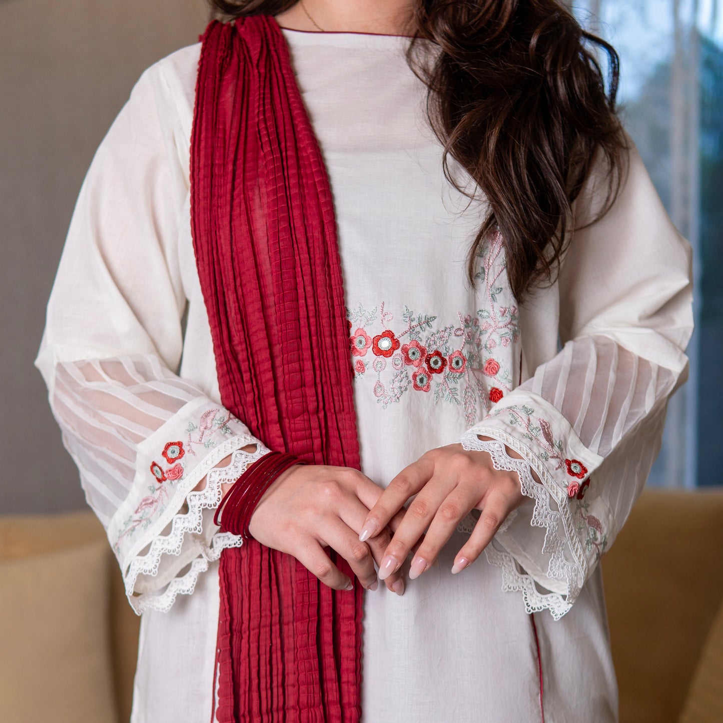 Ivory Hand-Embroidered Shirt with Maroon Ajrak Gharara Set (Dupatta Only)