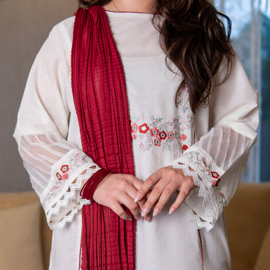 Ivory Hand-Embroidered Shirt with Maroon Ajrak Gharara Set (Dupatta Only)
