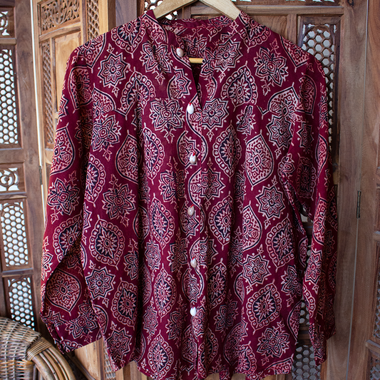 Maroon Ajrak Shell Pleat Top