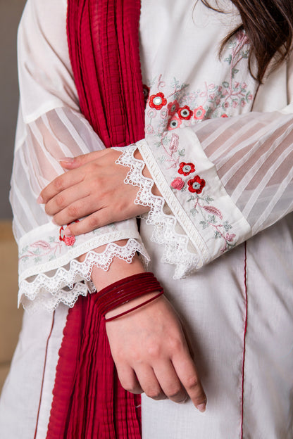 Ivory Hand-Embroidered Shirt with Maroon Ajrak Gharara Set