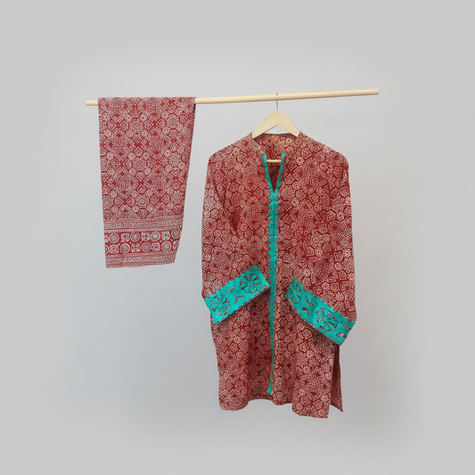 Crimson Poise – Maroon Ajrak Suit with Trousers