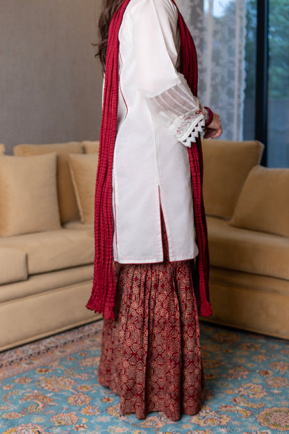 Ivory Hand-Embroidered Shirt with Maroon Ajrak Gharara Set