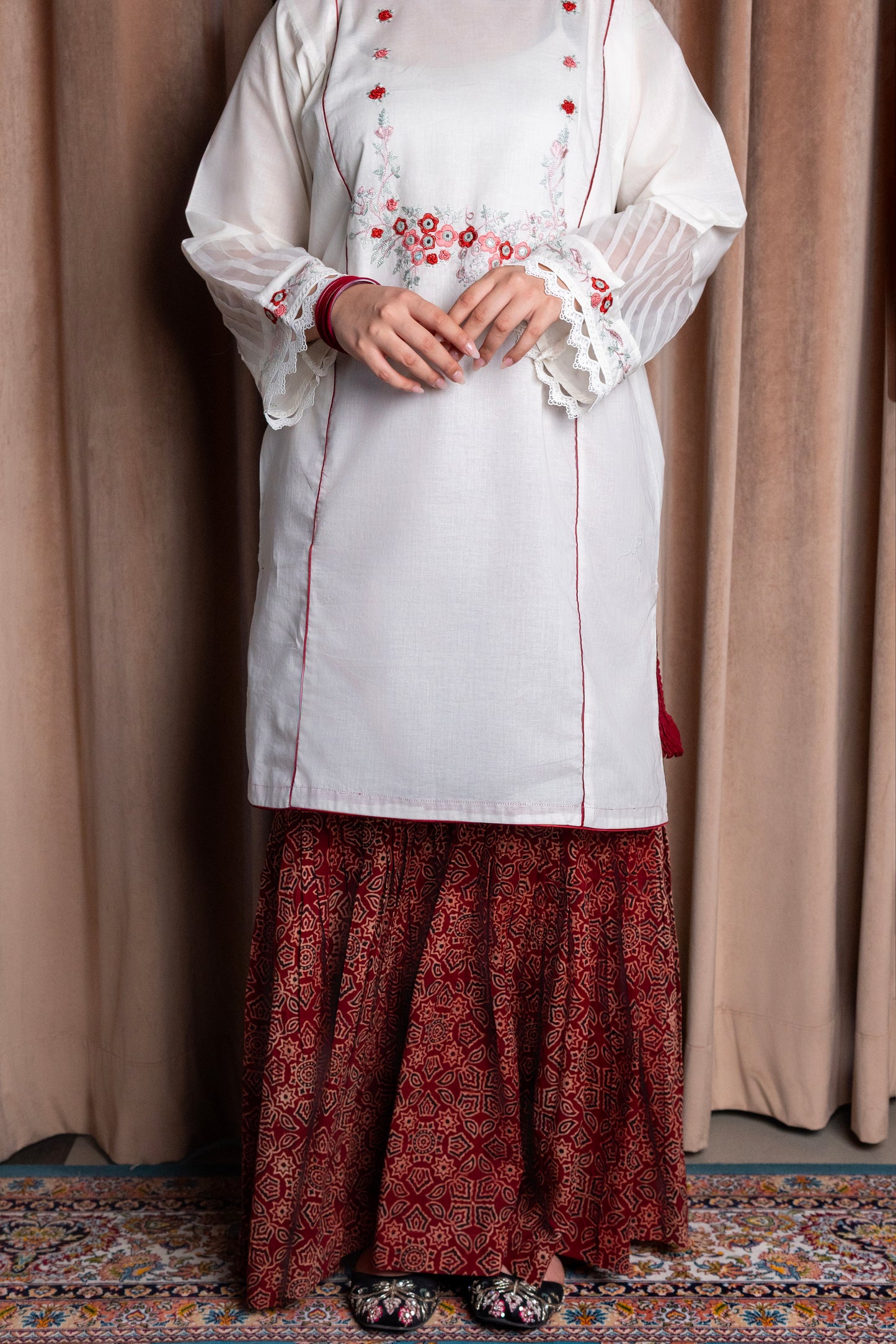 Ivory Hand-Embroidered Shirt with Maroon Ajrak Gharara Set