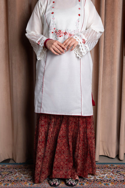Ivory Hand-Embroidered Shirt with Maroon Ajrak Gharara Set