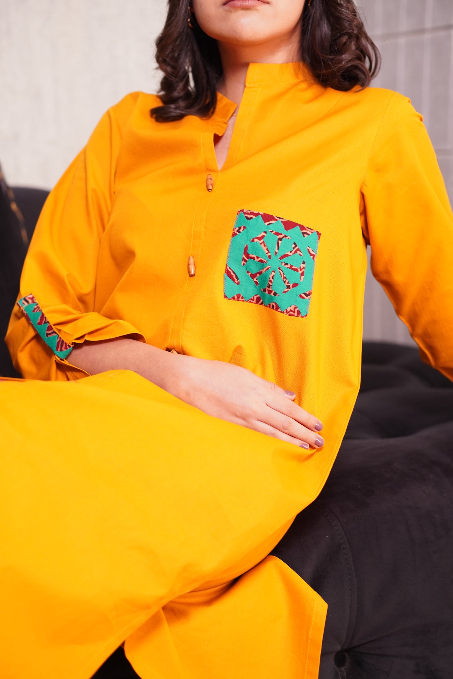 Contemporary Mustard Kurta & Ajrak Trouser Ensemble