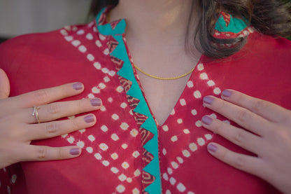 Maroon Handcrafted Chunri Silk Two-Piece Set with Turquoise Appliqué