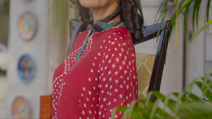Maroon Handcrafted Chunri Silk Two-Piece Set with Turquoise Appliqué