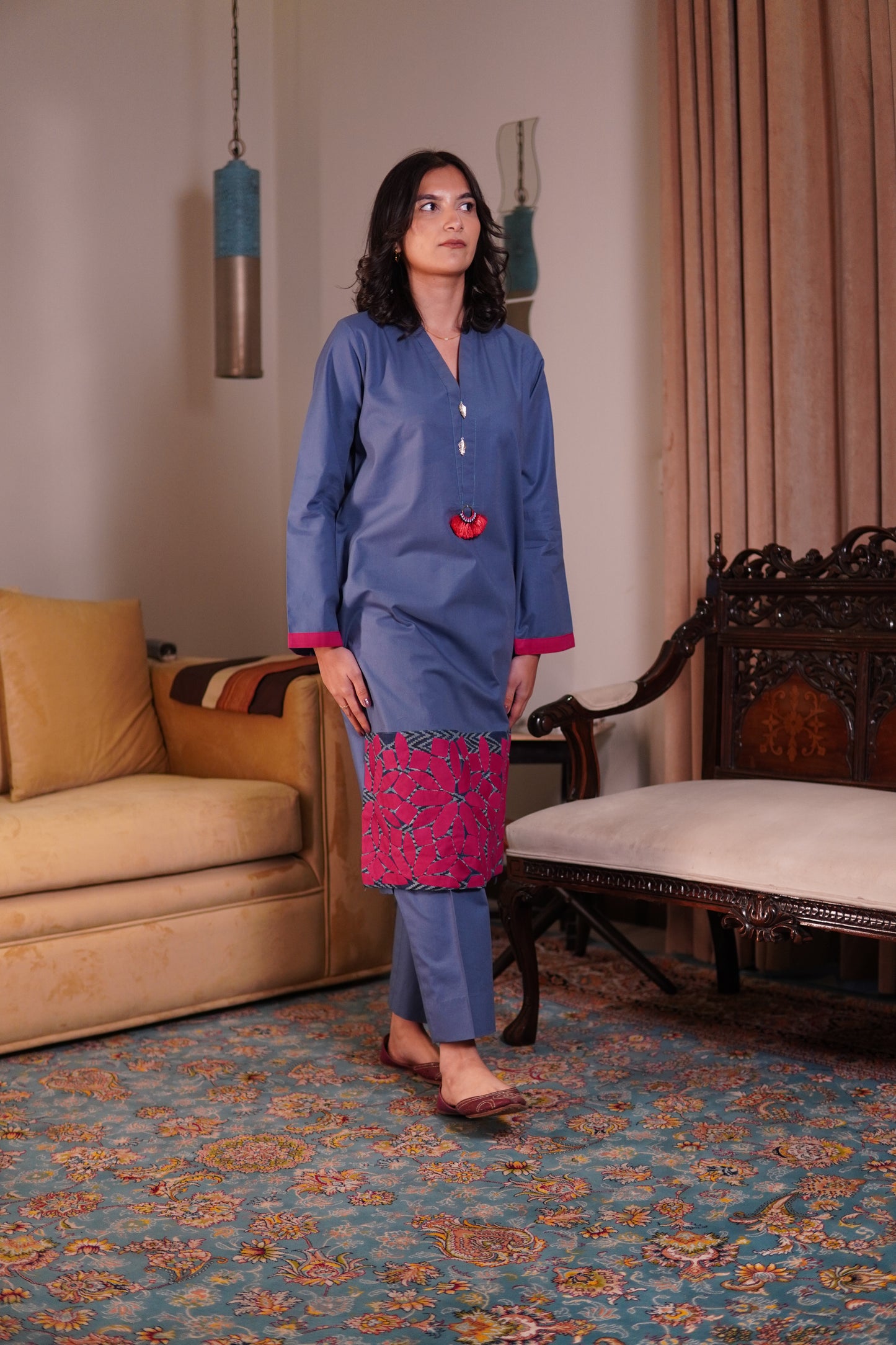 Modern Ethnic Kurta Set – Blue with Vibrant Applique Border
