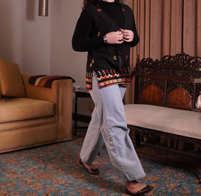 Statement Black Jacket with Traditional Phulkari Embroidery