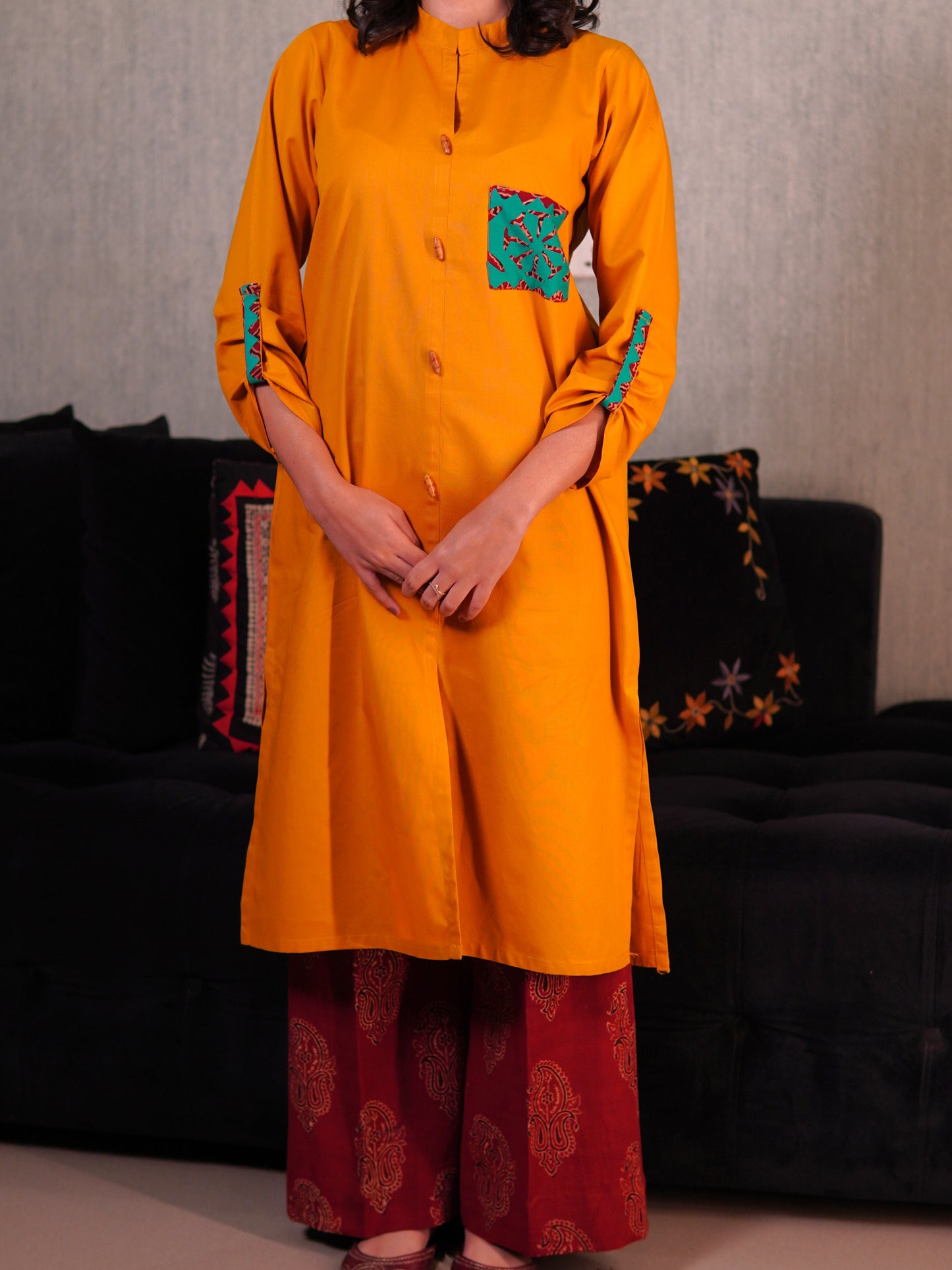 Contemporary Mustard Kurta & Ajrak Trouser Ensemble