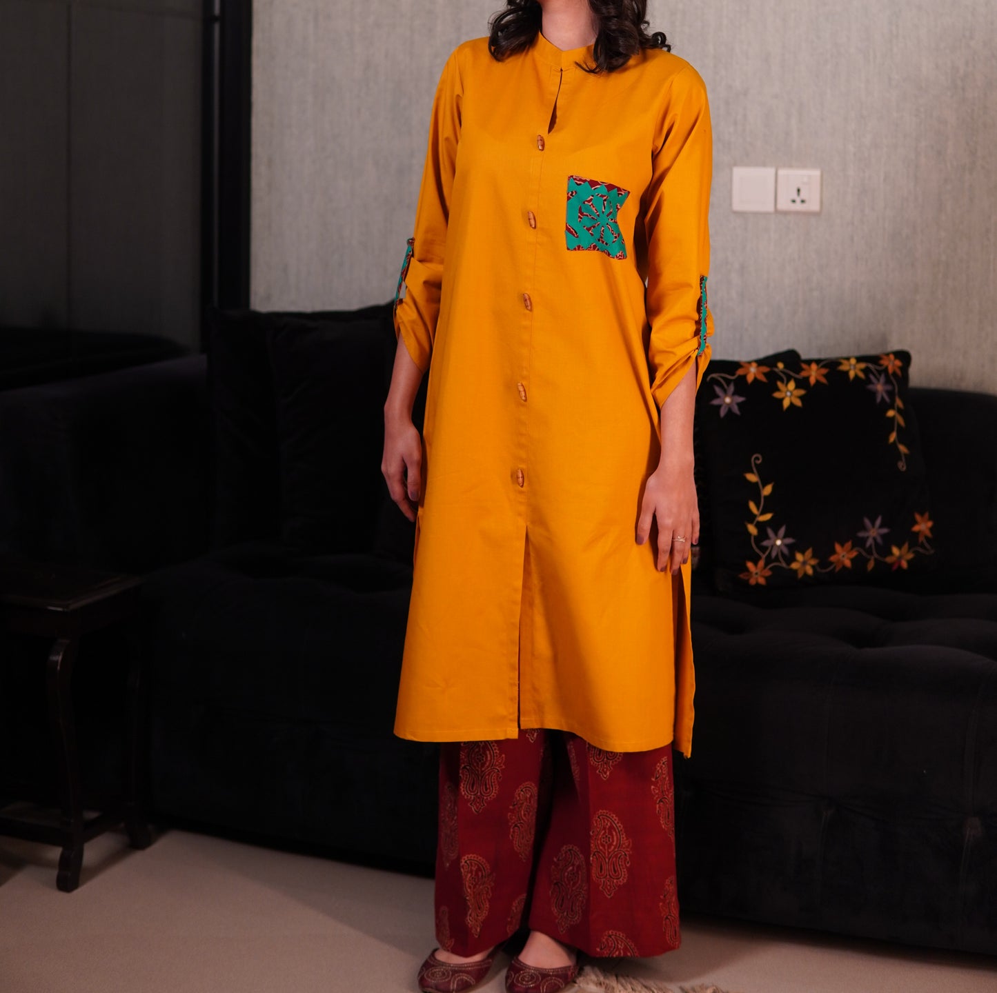 Contemporary Mustard Kurta & Ajrak Trouser Ensemble