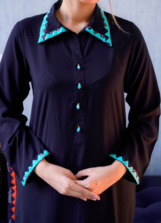 Sleek Black Linen Kurta Set with Aqua Applique Trim