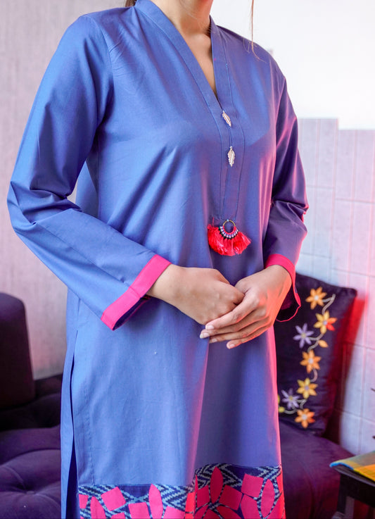 Modern Ethnic Kurta Set – Blue with Vibrant Applique Border