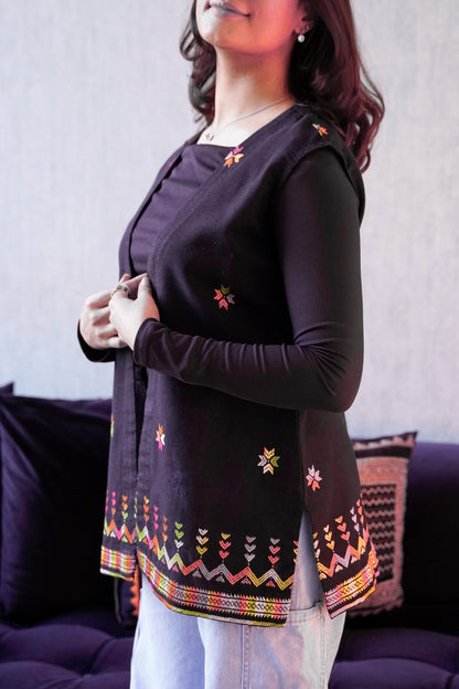 Statement Black Jacket with Traditional Phulkari Embroidery