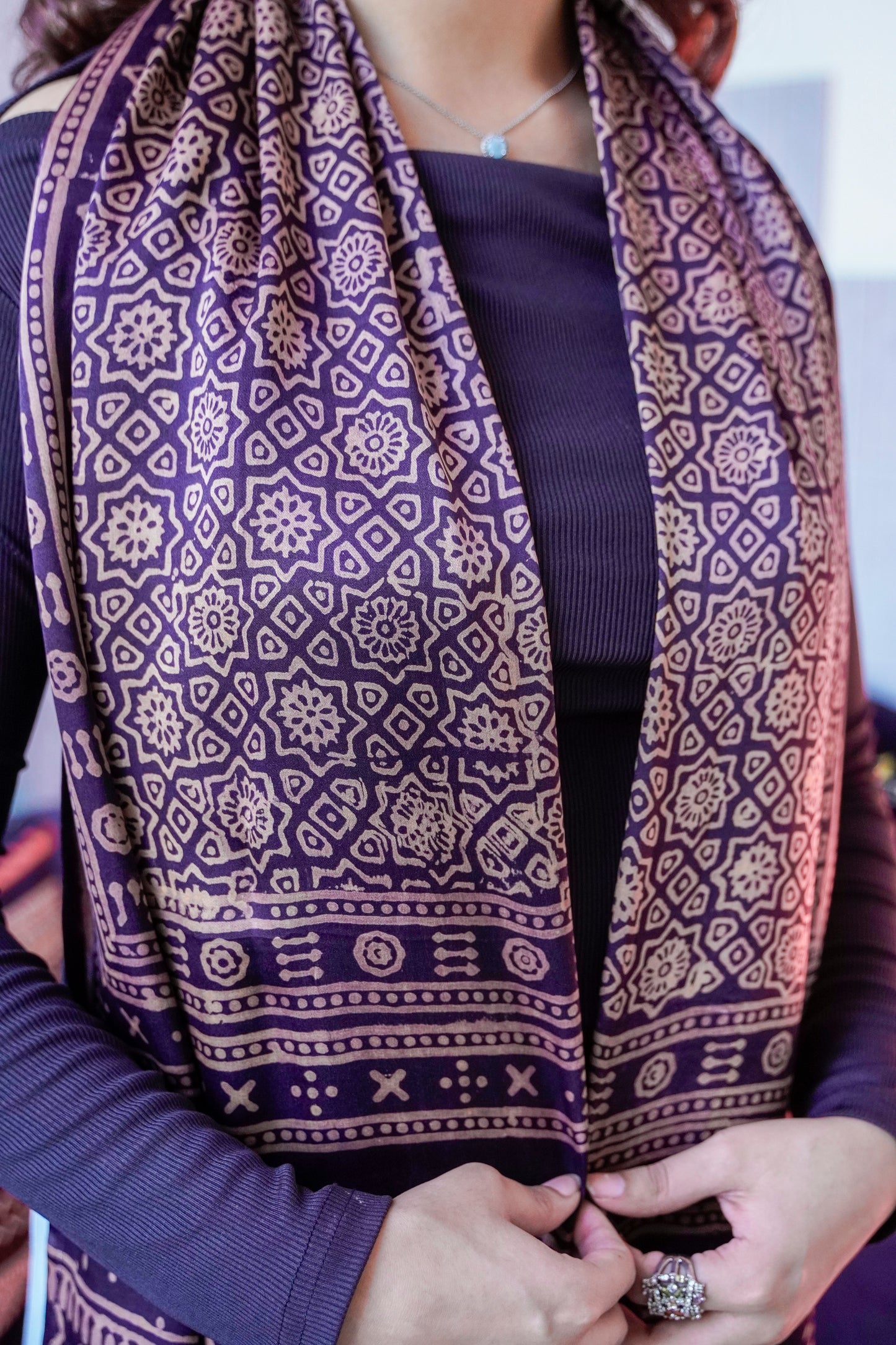 Handcrafted Black Silk Scarf with Block Print & Tassel Accents