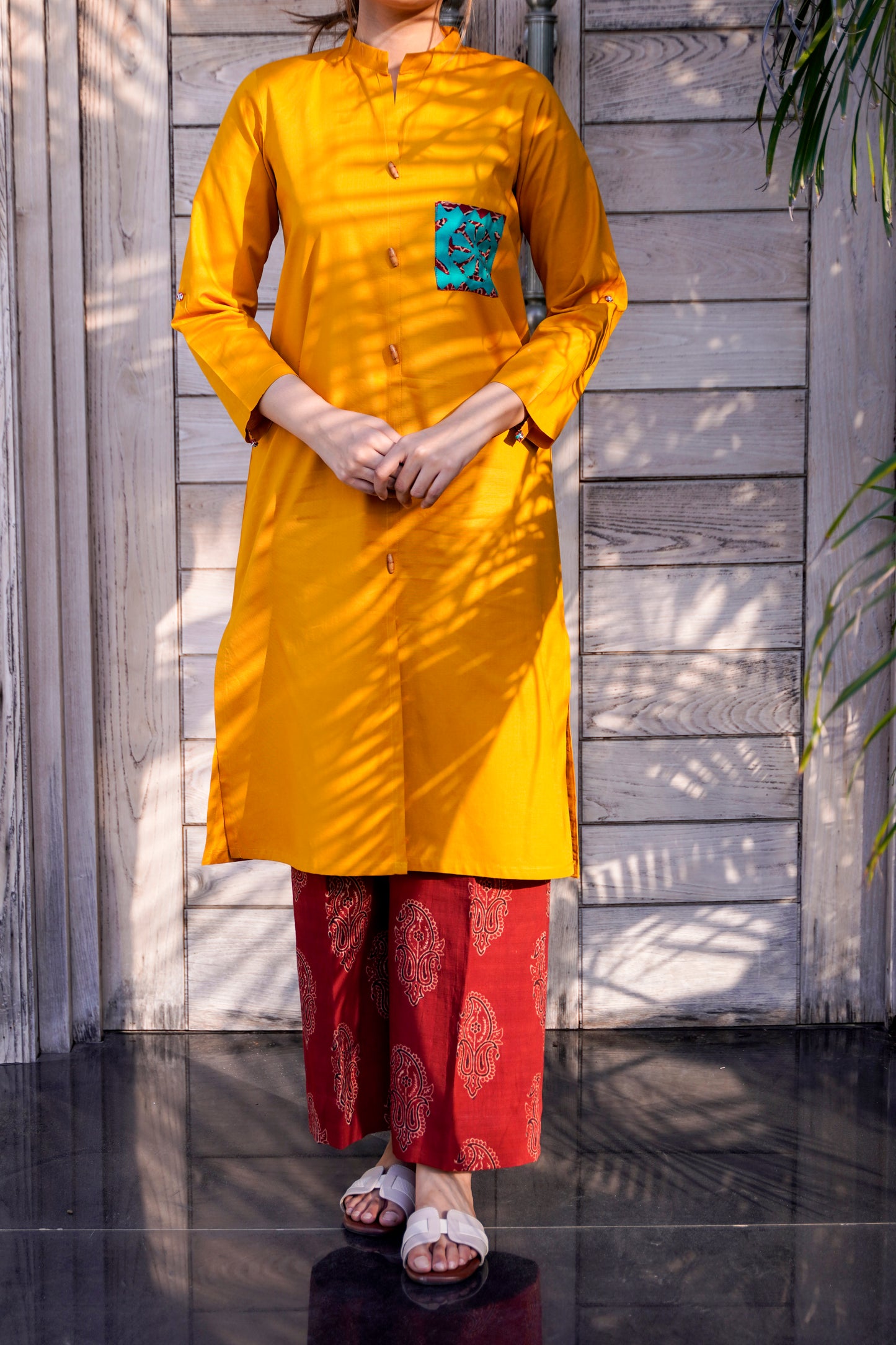 Contemporary Mustard Kurta & Ajrak Trouser Ensemble