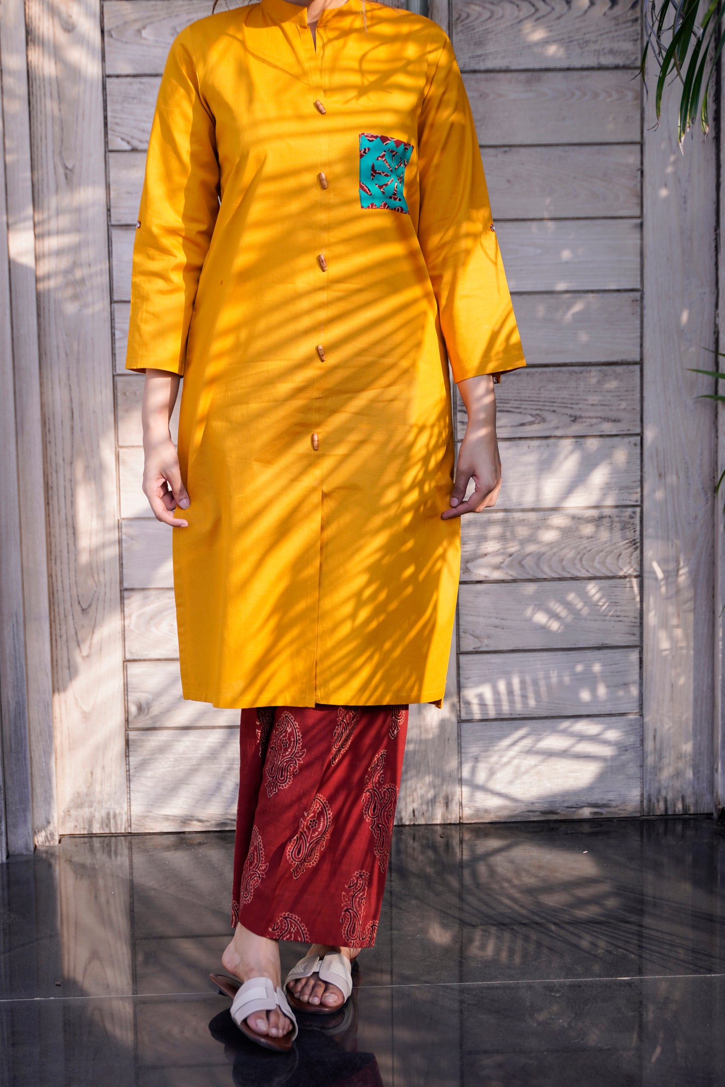 Contemporary Mustard Kurta & Ajrak Trouser Ensemble