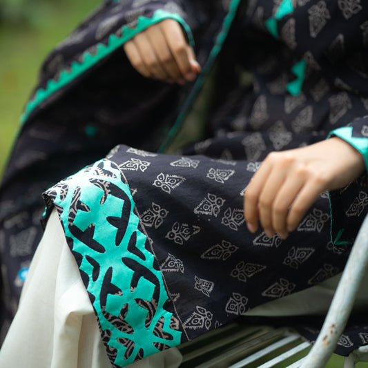 Teal Whisper – Black & Teal Appliqué Suit